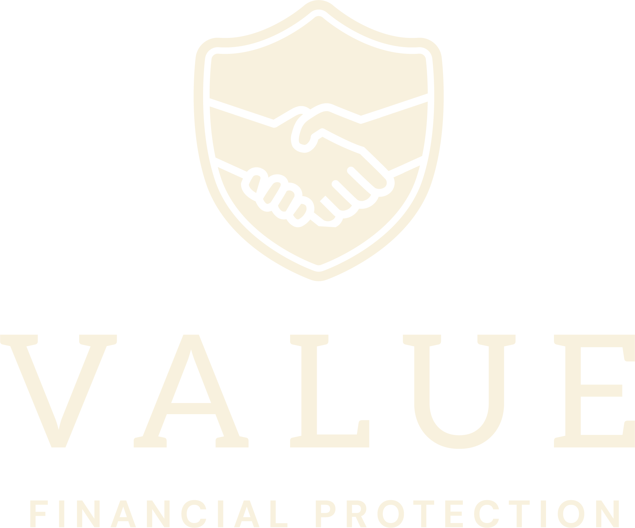 Logo for Value Financial Protection. A shield logo with two hands shaking inside, above the words VALUE FINANCIAL PROTECTION in a cream color.