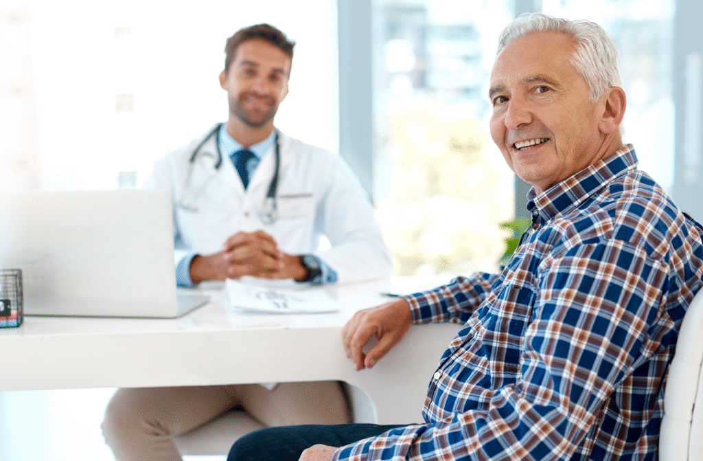 An older man in a plaid shirt smiles while sitting in a doctors office. A doctor with a stethoscope around his neck sits at a desk in the background, also smiling.