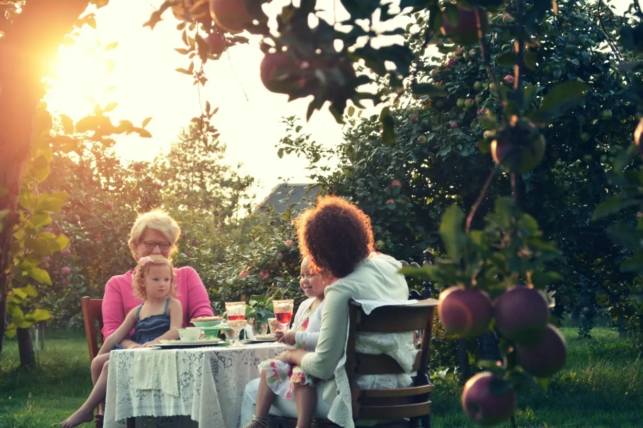 Four people, including two children and two adults, sit at a table outdoors in an orchard, enjoying a meal together. The sun is setting, and apples hang from trees in the foreground.
