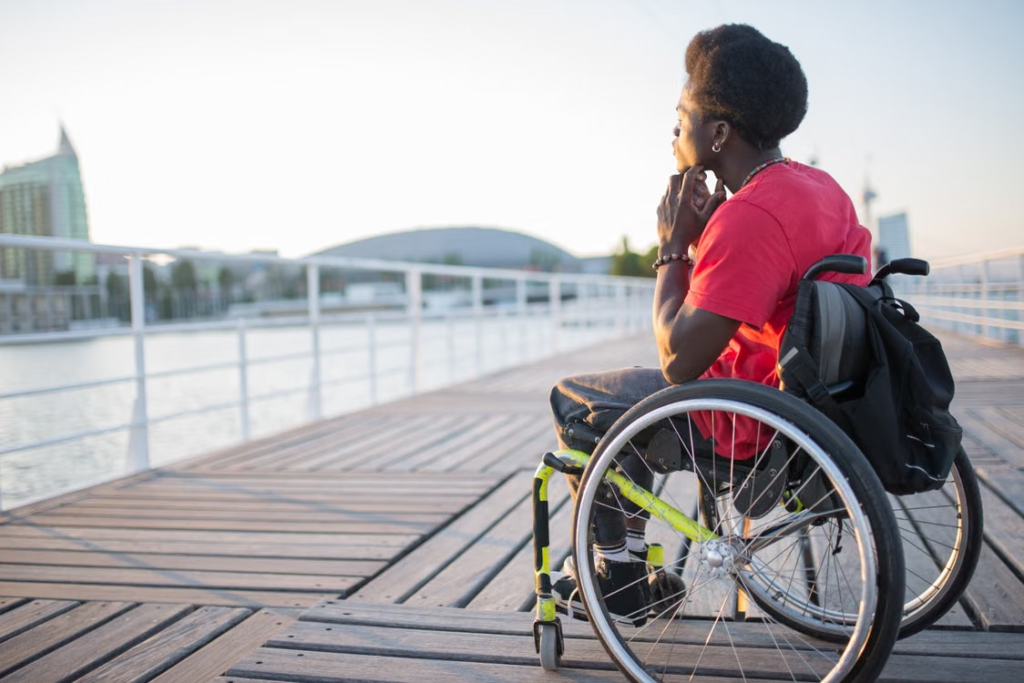 A person in a wheelchair looking at a body of water