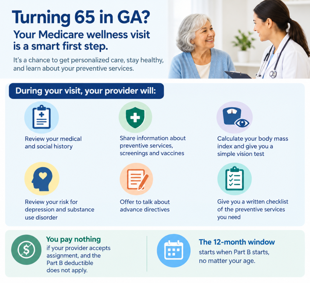 : Infographic listing what happens during a Medicare wellness visit for people turning 65 in Georgia.
