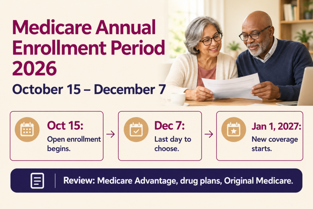Infographic showing older adults reviewing Medicare papers