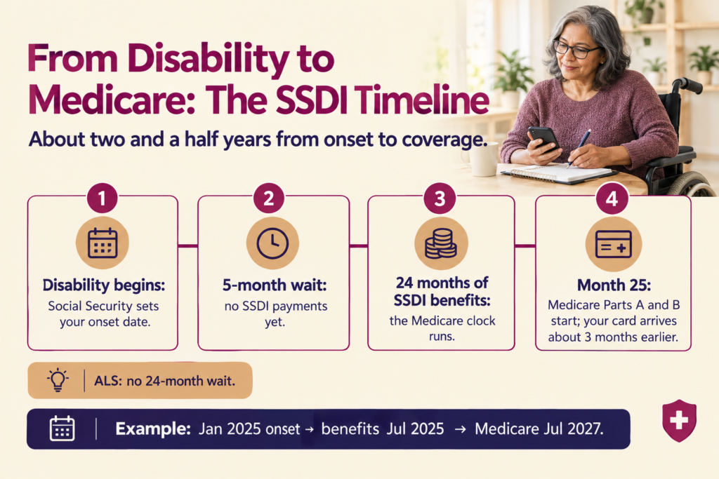 Infographic timeline showing a five-month SSDI waiting period, then 24 months of disability benefits, with Medicare Parts A and B starting in month 25
