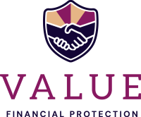 Logo for Value Financial Protection. A shield logo with two hands shaking inside, above the words VALUE FINANCIAL PROTECTION in bold, purple and dark blue lettering.